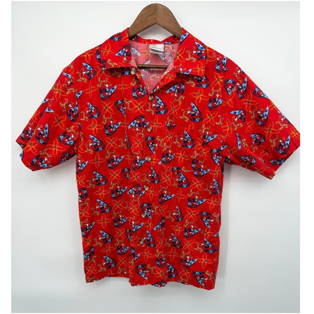 Disney Store Button Down Men Small Red Excellent Mickey Mouse Surfing Hawaiian
